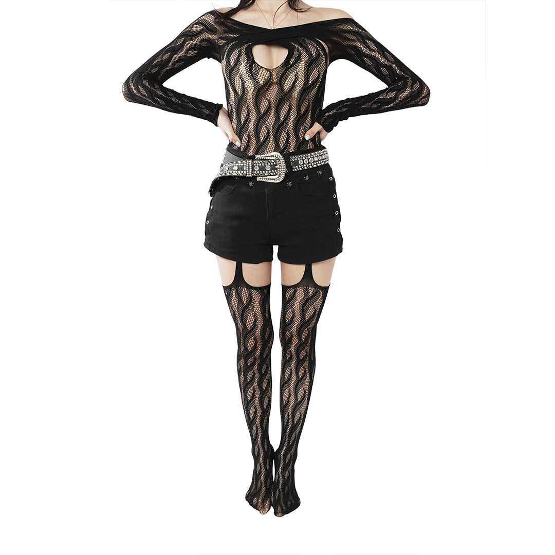 High-end limited edition"Braid Cable" four-sided hollow sexy pure Braid Cable mesh black fishnet stockings