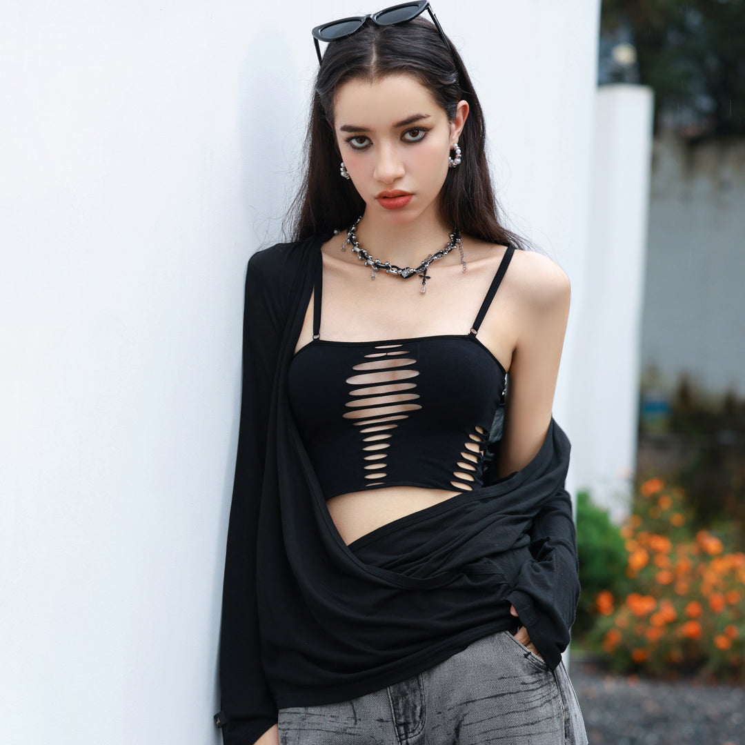 Raschelle Inversion No. 3 Distressed Tank Top, styling view