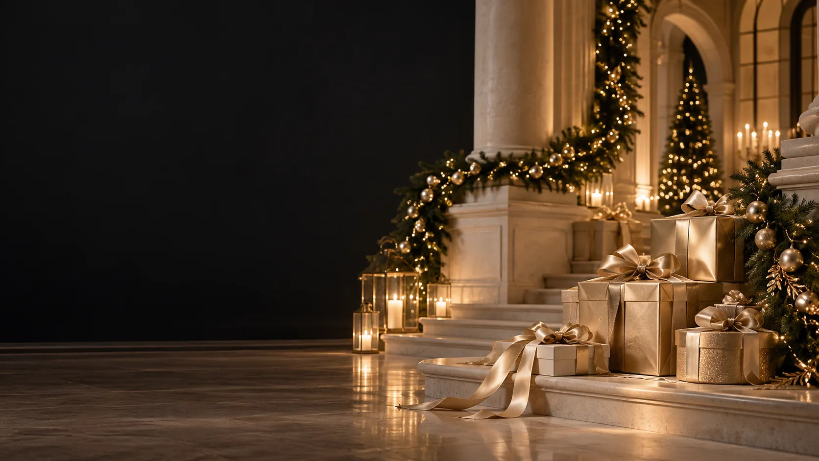 Warm ivory and gold Christmas gift scene with pine greenery