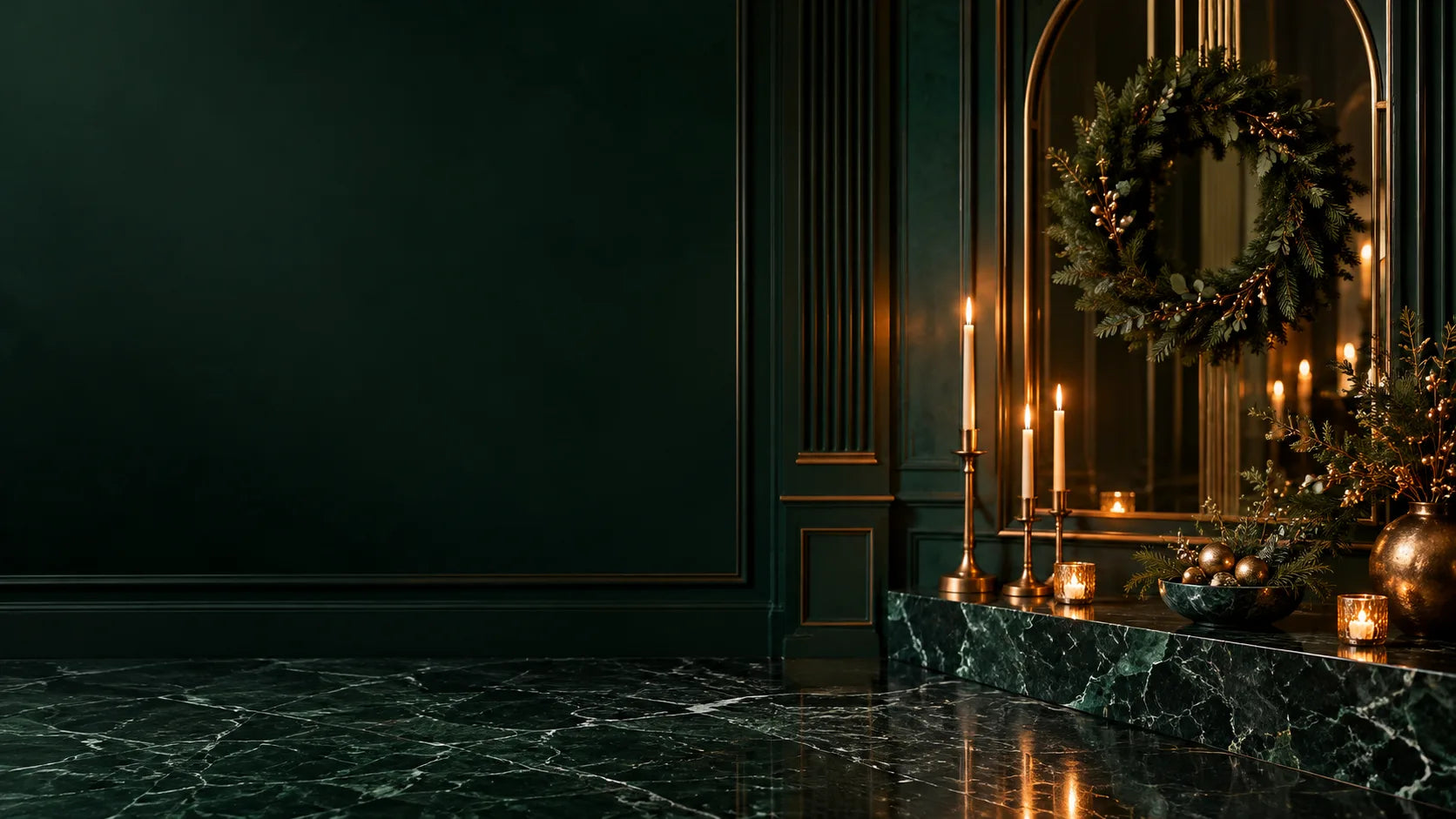 Deep emerald Christmas editorial interior with subtle gold lights and winter greenery