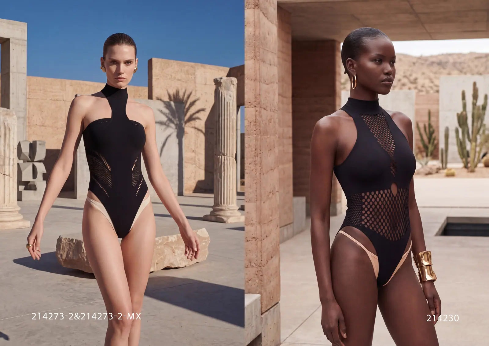 Raschelle summer preview featuring two distinct black sculpted mesh one-piece looks